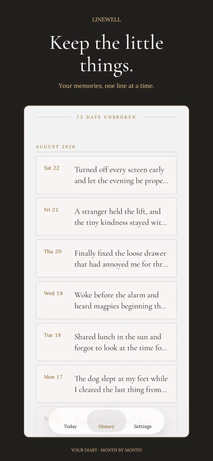 Daily diary entries grouped by month in Linewell History